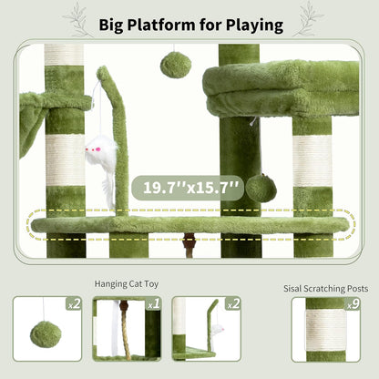 Gitelsnour Cat Tree, Cat Tower for Large Cats with 2 Big Platforms, 2 Baskets, condo and Toys, 63" Cat Scratching Posts for Indoor Cats, Green GCT020GR
