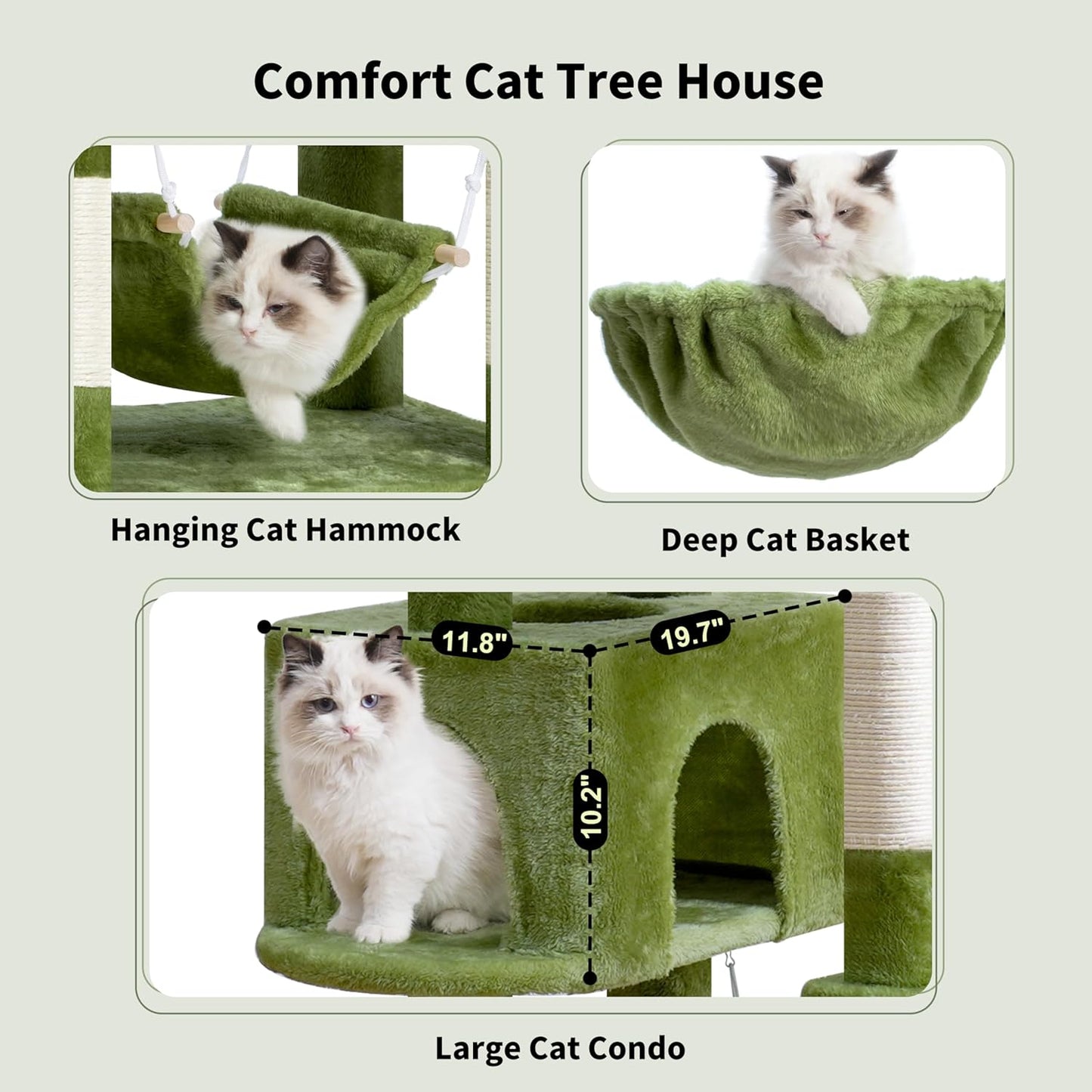 Gitelsnour Cat Tree, Cat Tower for Large Cats with 2 Big Platforms, 2 Baskets, condo and Toys, 63" Cat Scratching Posts for Indoor Cats, Green GCT020GR