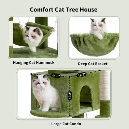 Gitelsnour Cat Tree, Cat Tower for Large Cats with 2 Big Platforms, 2 Baskets, condo and Toys, 63" Cat Scratching Posts for Indoor Cats, Green GCT020GR