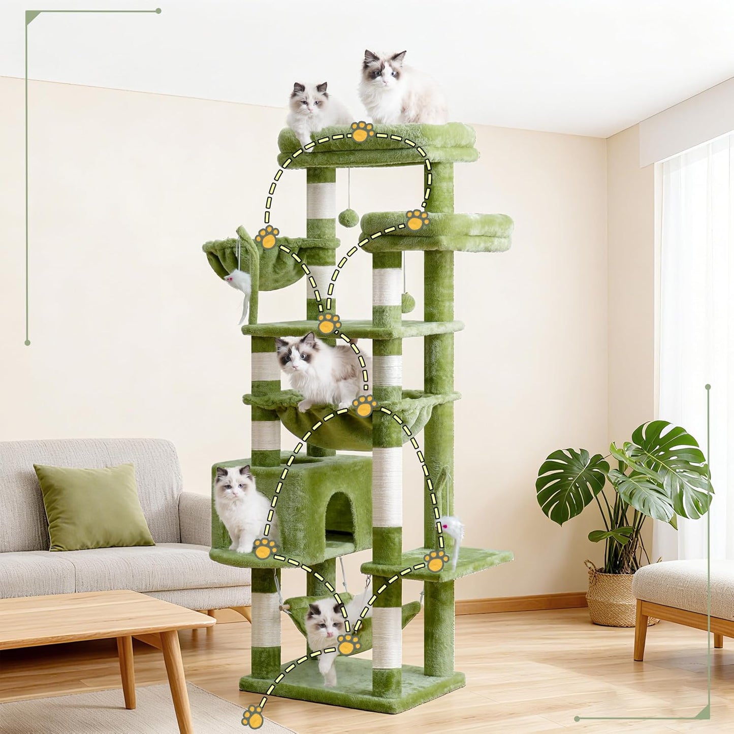 Gitelsnour Cat Tree, Cat Tower for Large Cats with 2 Big Platforms, 2 Baskets, condo and Toys, 63" Cat Scratching Posts for Indoor Cats, Green GCT020GR