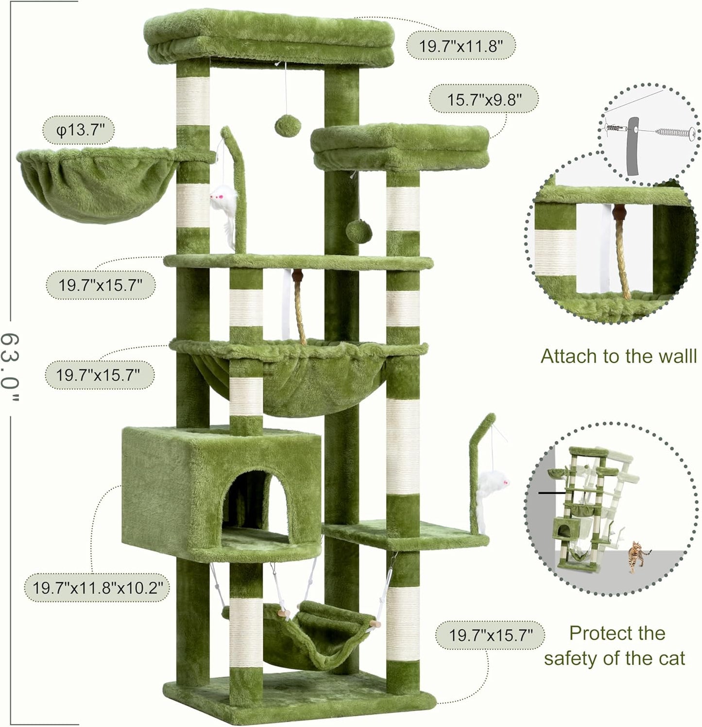 Gitelsnour Cat Tree, Cat Tower for Large Cats with 2 Big Platforms, 2 Baskets, condo and Toys, 63" Cat Scratching Posts for Indoor Cats, Green GCT020GR