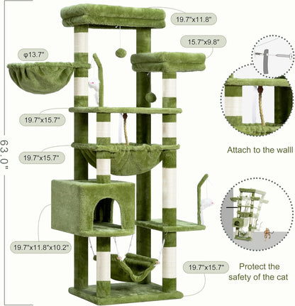 Gitelsnour Cat Tree, Cat Tower for Large Cats with 2 Big Platforms, 2 Baskets, condo and Toys, 63" Cat Scratching Posts for Indoor Cats, Green GCT020GR