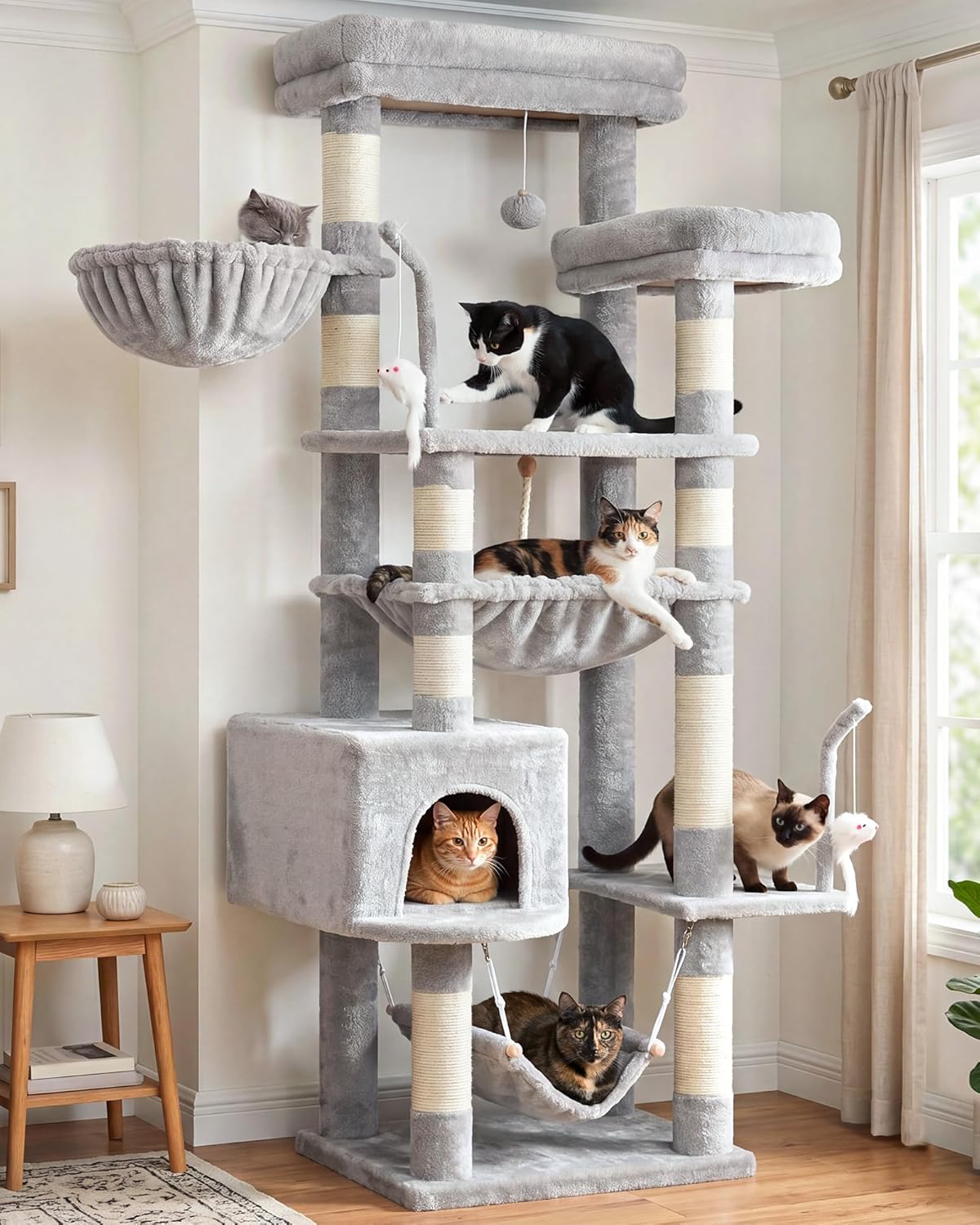Gitelsnour Cat Tree, Cat Tower for Large Cats with 2 Big Platforms, 2 Baskets, condo and Toys, 63" Cat Scratching Posts for Indoor Cats, Green GCT020GR