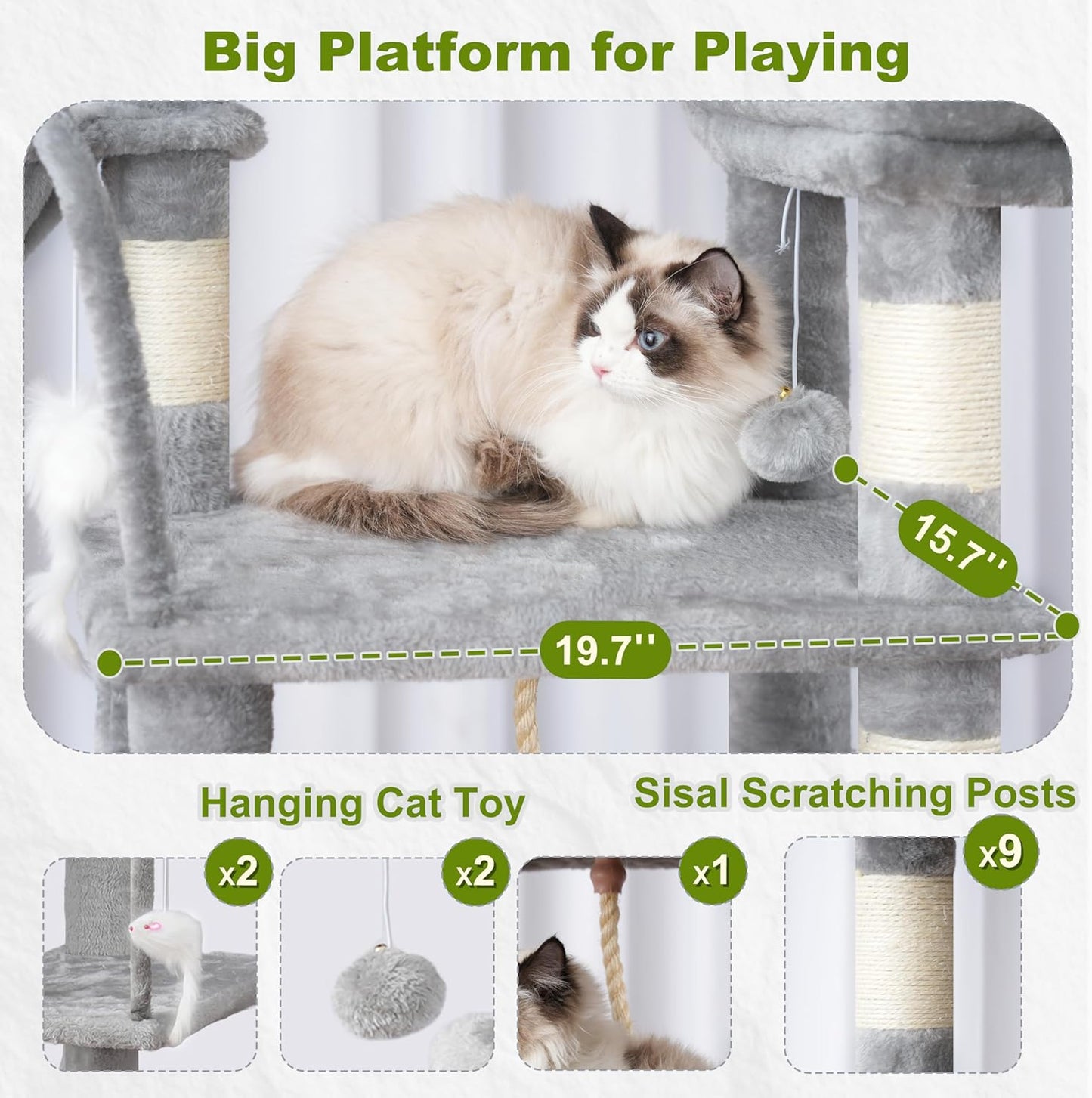 Gitelsnour Cat Tree, Cat Tower for Large Cats with 2 Big Platforms, 2 Baskets, condo and Toys, 63" Cat Scratching Posts for Indoor Cats, Green GCT020GR