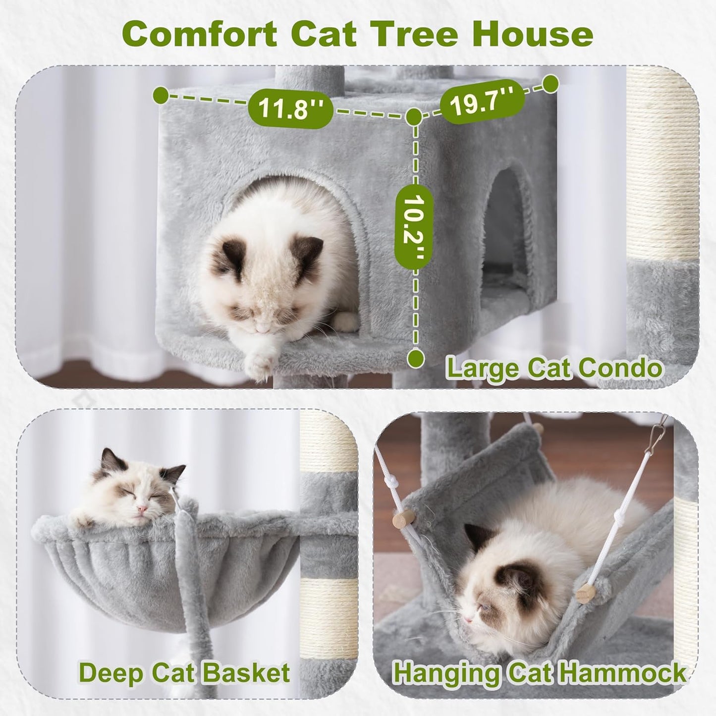 Gitelsnour Cat Tree, Cat Tower for Large Cats with 2 Big Platforms, 2 Baskets, condo and Toys, 63" Cat Scratching Posts for Indoor Cats, Green GCT020GR