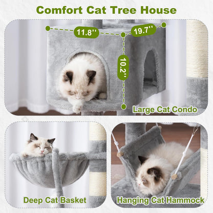 Gitelsnour Cat Tree, Cat Tower for Large Cats with 2 Big Platforms, 2 Baskets, condo and Toys, 63" Cat Scratching Posts for Indoor Cats, Green GCT020GR