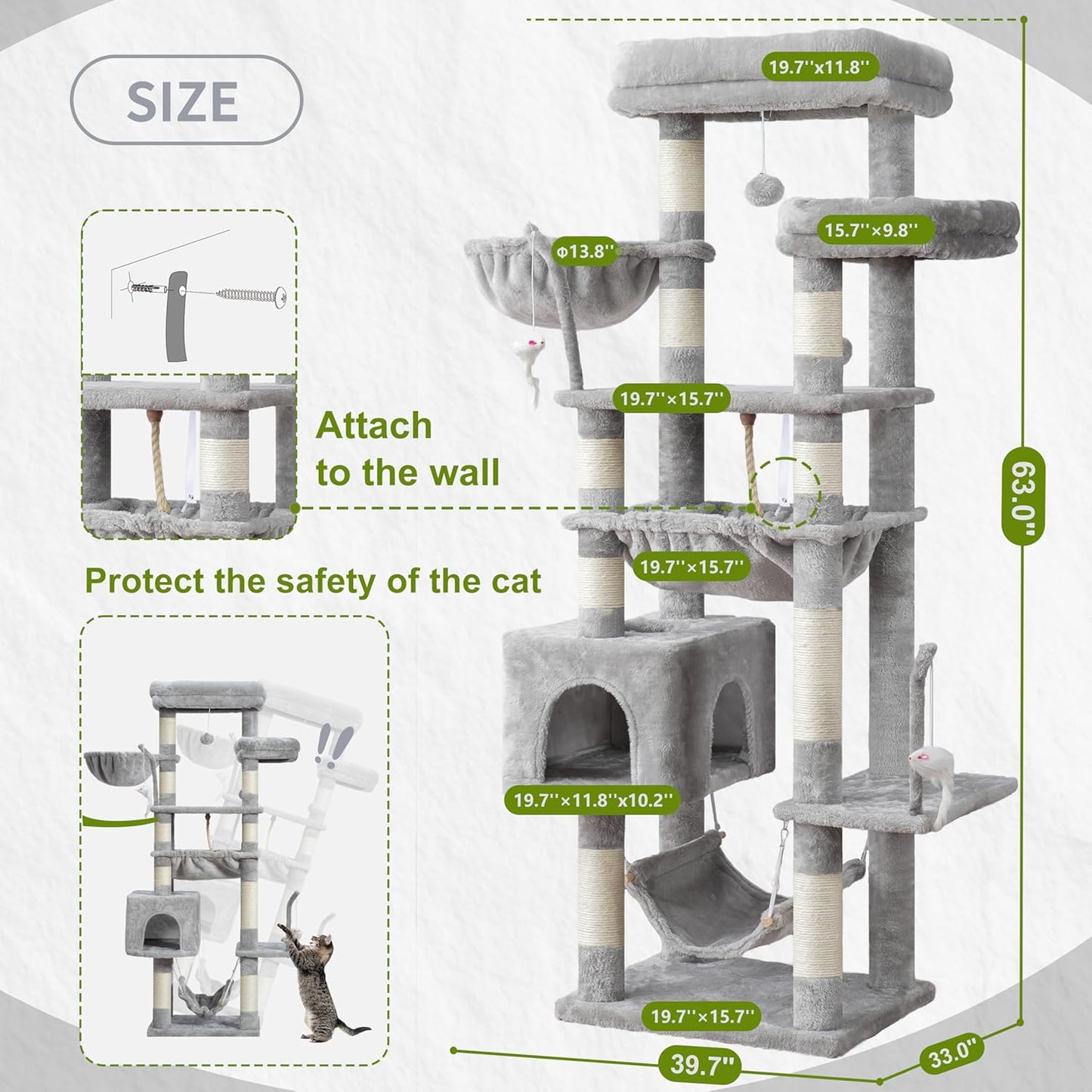 Gitelsnour Cat Tree, Cat Tower for Large Cats with 2 Big Platforms, 2 Baskets, condo and Toys, 63" Cat Scratching Posts for Indoor Cats, Green GCT020GR