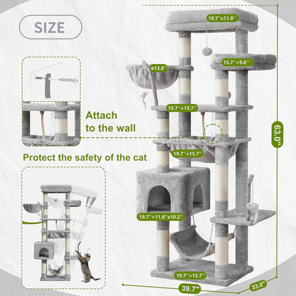 Gitelsnour Cat Tree, Cat Tower for Large Cats with 2 Big Platforms, 2 Baskets, condo and Toys, 63" Cat Scratching Posts for Indoor Cats, Green GCT020GR