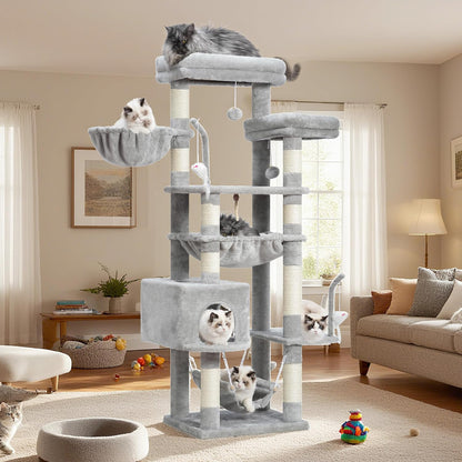 Gitelsnour Cat Tree, Cat Tower for Large Cats with 2 Big Platforms, 2 Baskets, condo and Toys, 63" Cat Scratching Posts for Indoor Cats, Green GCT020GR