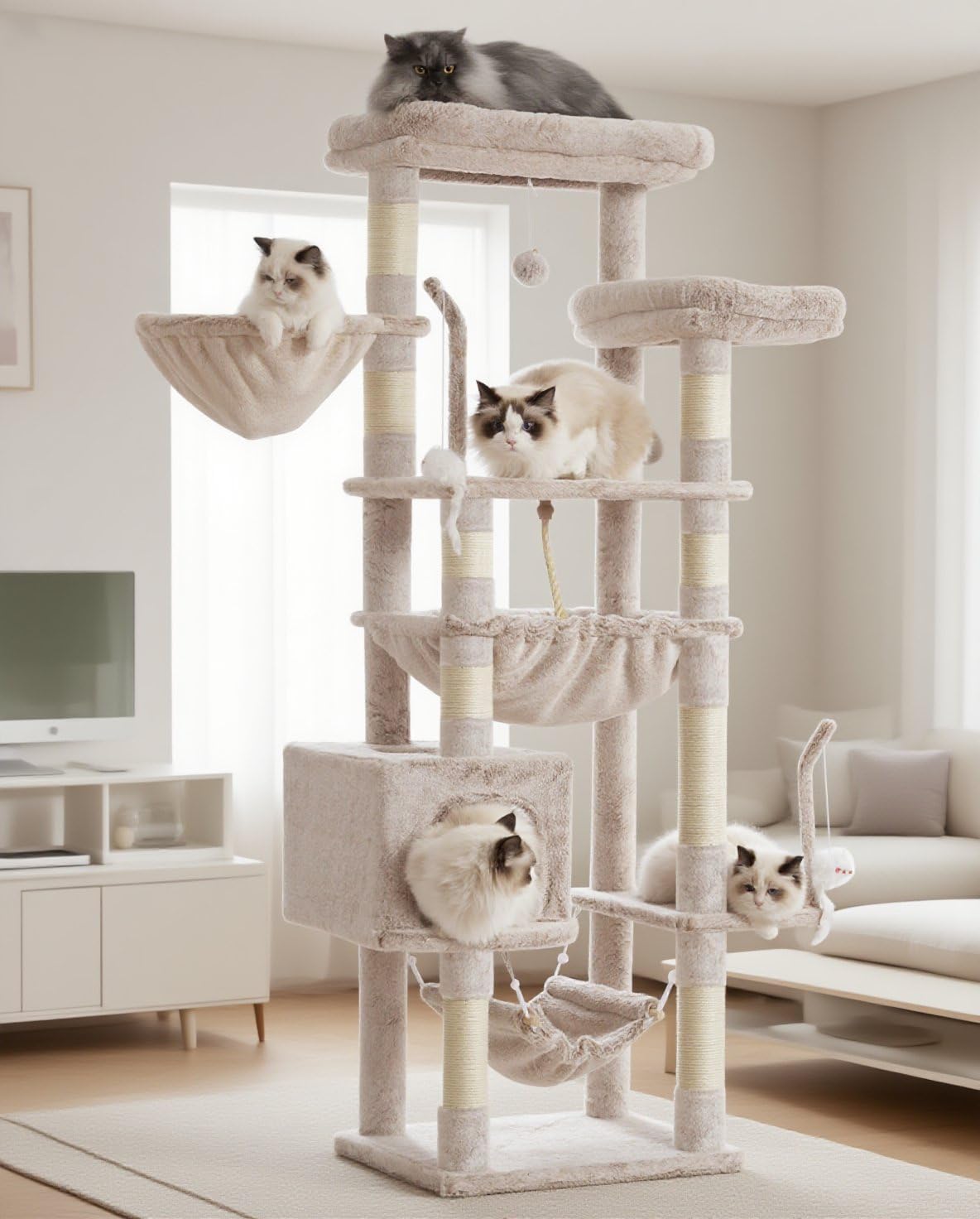 Gitelsnour Cat Tree, Cat Tower for Large Cats with 2 Big Platforms, 2 Baskets, condo and Toys, 63" Cat Scratching Posts for Indoor Cats, Green GCT020GR