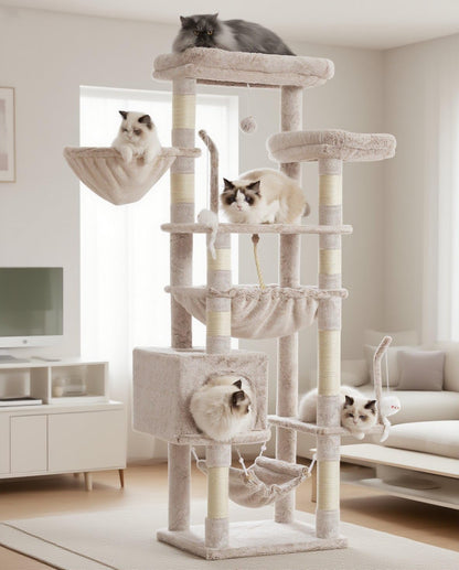 Gitelsnour Cat Tree, Cat Tower for Large Cats with 2 Big Platforms, 2 Baskets, condo and Toys, 63" Cat Scratching Posts for Indoor Cats, Green GCT020GR