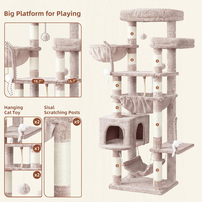 Gitelsnour Cat Tree, Cat Tower for Large Cats with 2 Big Platforms, 2 Baskets, condo and Toys, 63" Cat Scratching Posts for Indoor Cats, Green GCT020GR