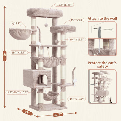 Gitelsnour Cat Tree, Cat Tower for Large Cats with 2 Big Platforms, 2 Baskets, condo and Toys, 63" Cat Scratching Posts for Indoor Cats, Green GCT020GR