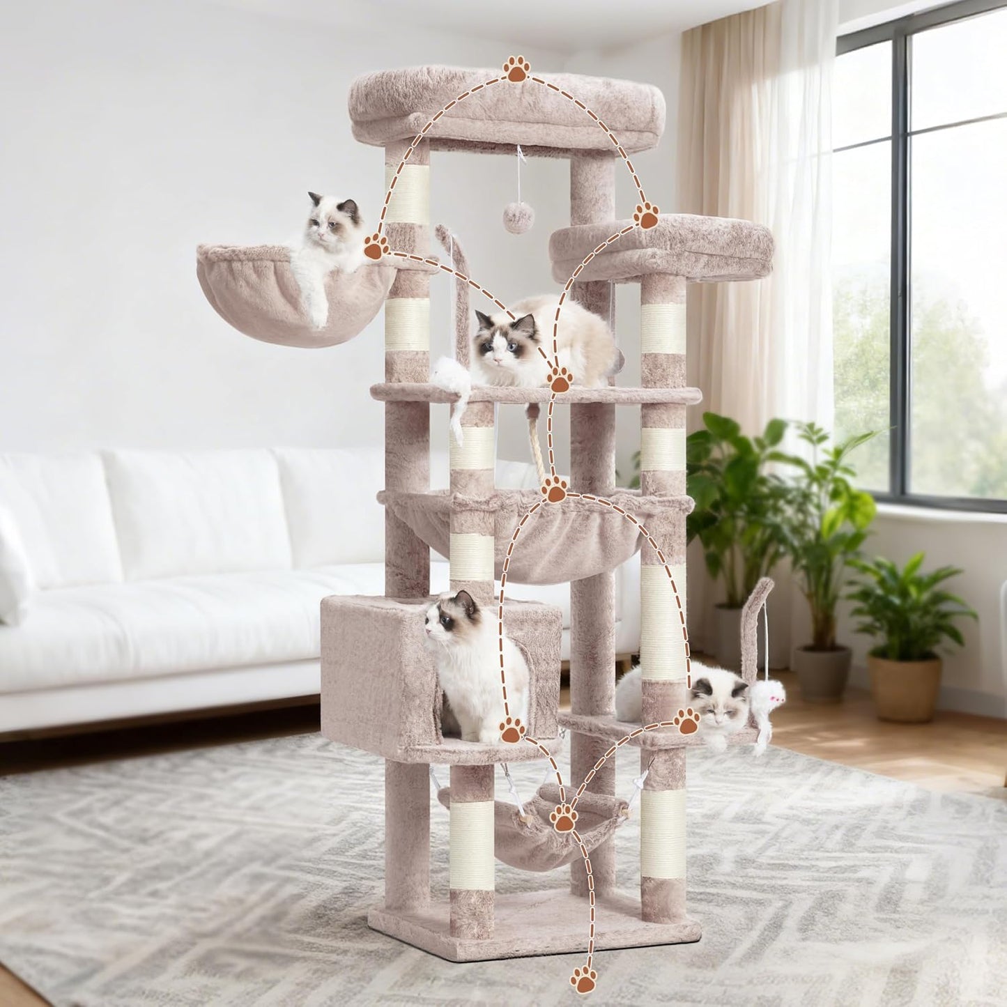 Gitelsnour Cat Tree, Cat Tower for Large Cats with 2 Big Platforms, 2 Baskets, condo and Toys, 63" Cat Scratching Posts for Indoor Cats, Green GCT020GR