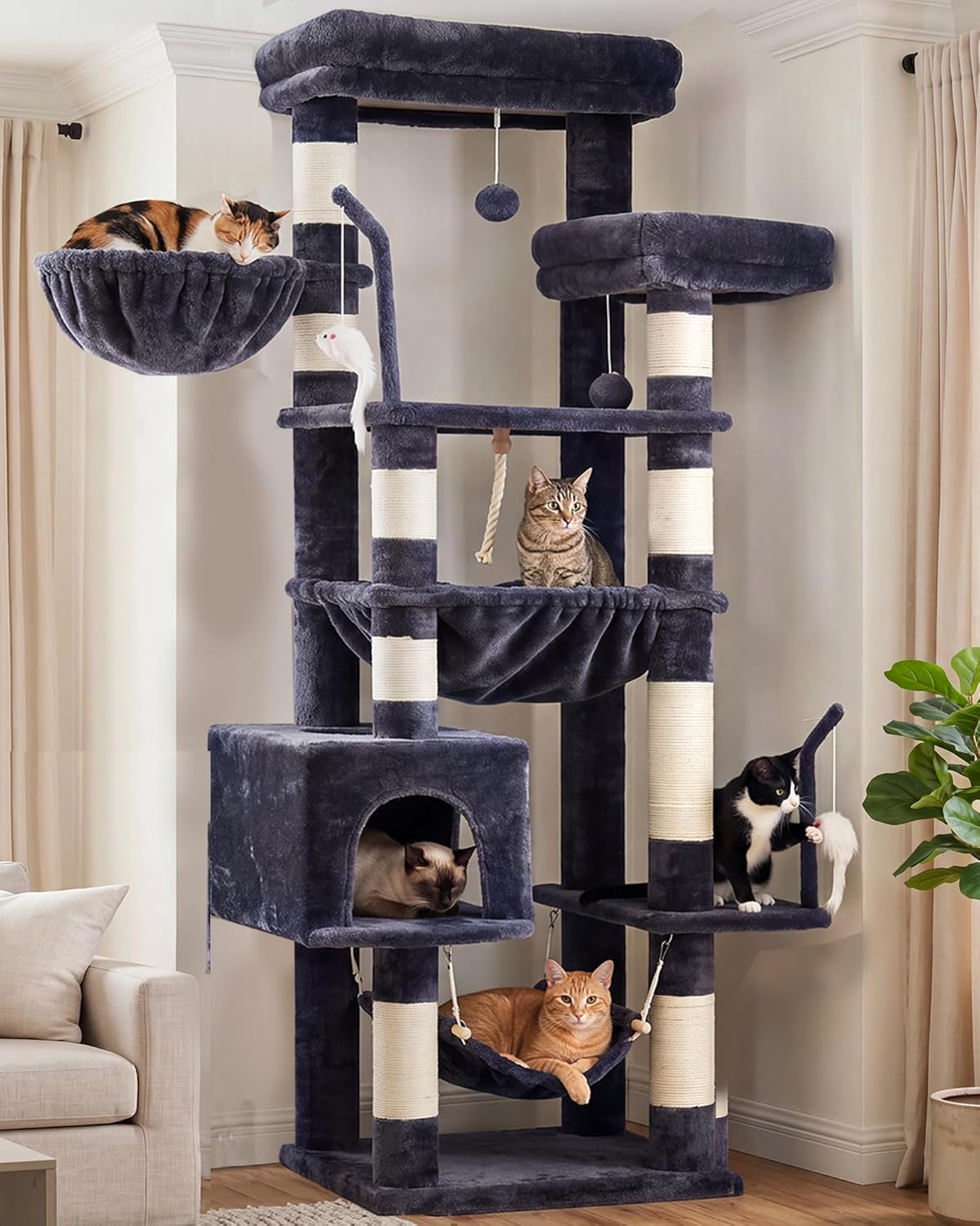 Gitelsnour Cat Tree, Cat Tower for Large Cats with 2 Big Platforms, 2 Baskets, condo and Toys, 63" Cat Scratching Posts for Indoor Cats, Green GCT020GR
