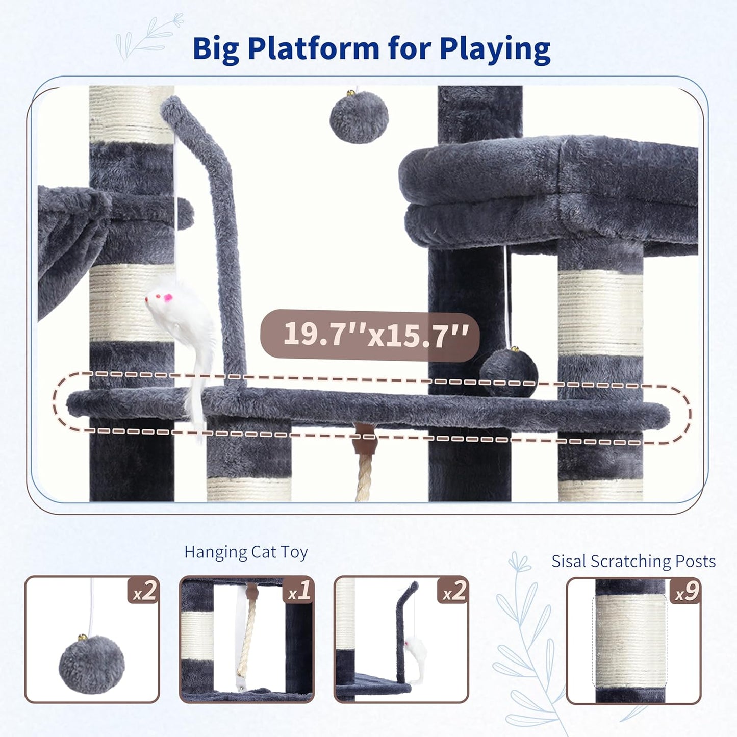 Gitelsnour Cat Tree, Cat Tower for Large Cats with 2 Big Platforms, 2 Baskets, condo and Toys, 63" Cat Scratching Posts for Indoor Cats, Green GCT020GR