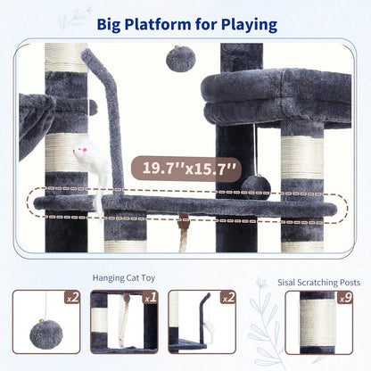Gitelsnour Cat Tree, Cat Tower for Large Cats with 2 Big Platforms, 2 Baskets, condo and Toys, 63" Cat Scratching Posts for Indoor Cats, Green GCT020GR
