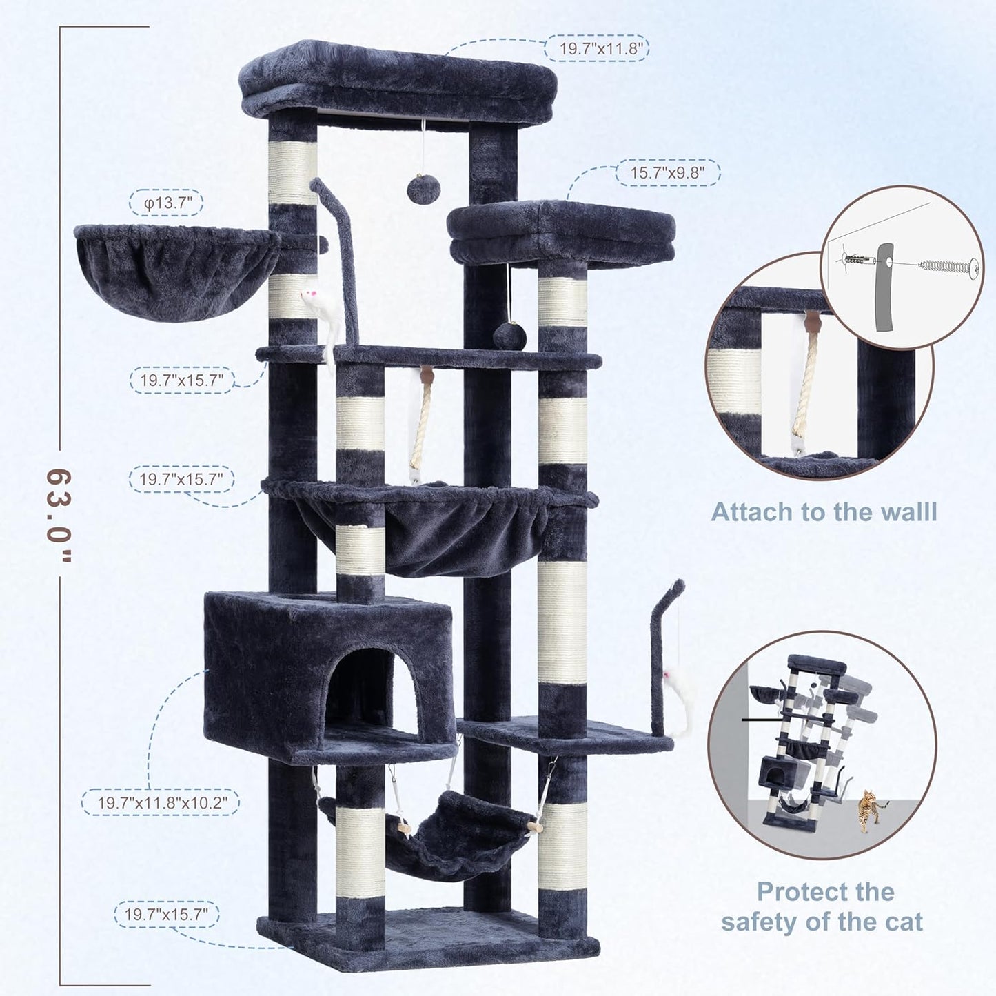 Gitelsnour Cat Tree, Cat Tower for Large Cats with 2 Big Platforms, 2 Baskets, condo and Toys, 63" Cat Scratching Posts for Indoor Cats, Green GCT020GR