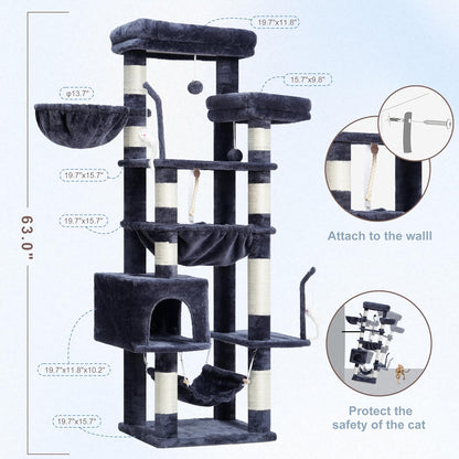 Gitelsnour Cat Tree, Cat Tower for Large Cats with 2 Big Platforms, 2 Baskets, condo and Toys, 63" Cat Scratching Posts for Indoor Cats, Green GCT020GR