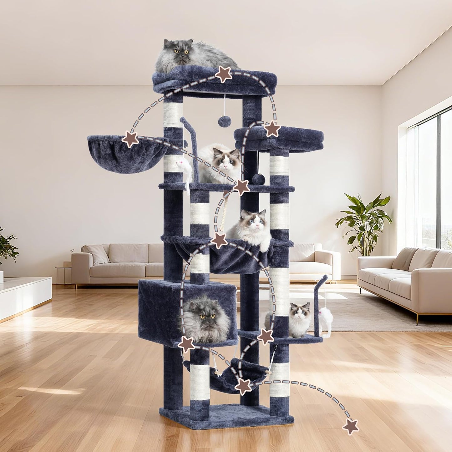 Gitelsnour Cat Tree, Cat Tower for Large Cats with 2 Big Platforms, 2 Baskets, condo and Toys, 63" Cat Scratching Posts for Indoor Cats, Green GCT020GR