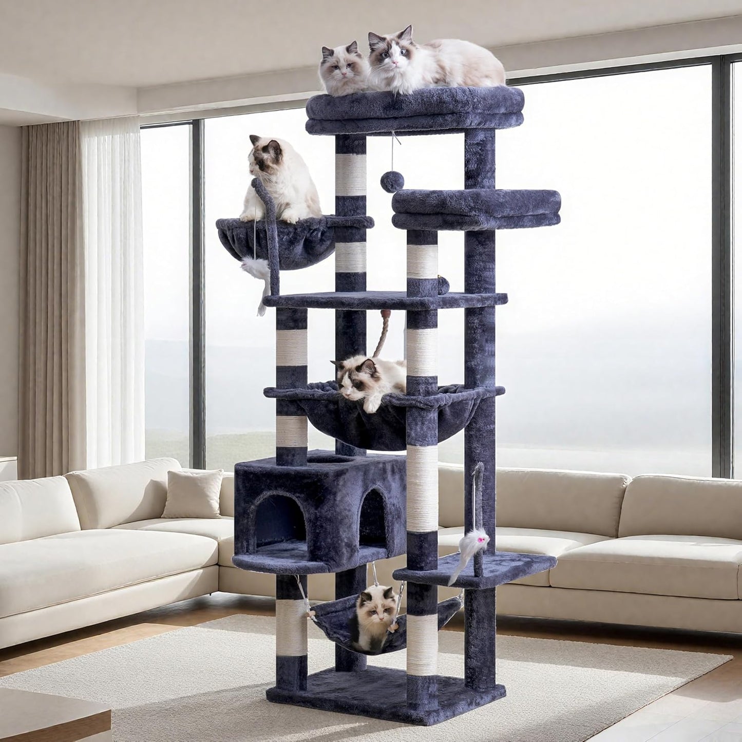 Gitelsnour Cat Tree, Cat Tower for Large Cats with 2 Big Platforms, 2 Baskets, condo and Toys, 63" Cat Scratching Posts for Indoor Cats, Green GCT020GR