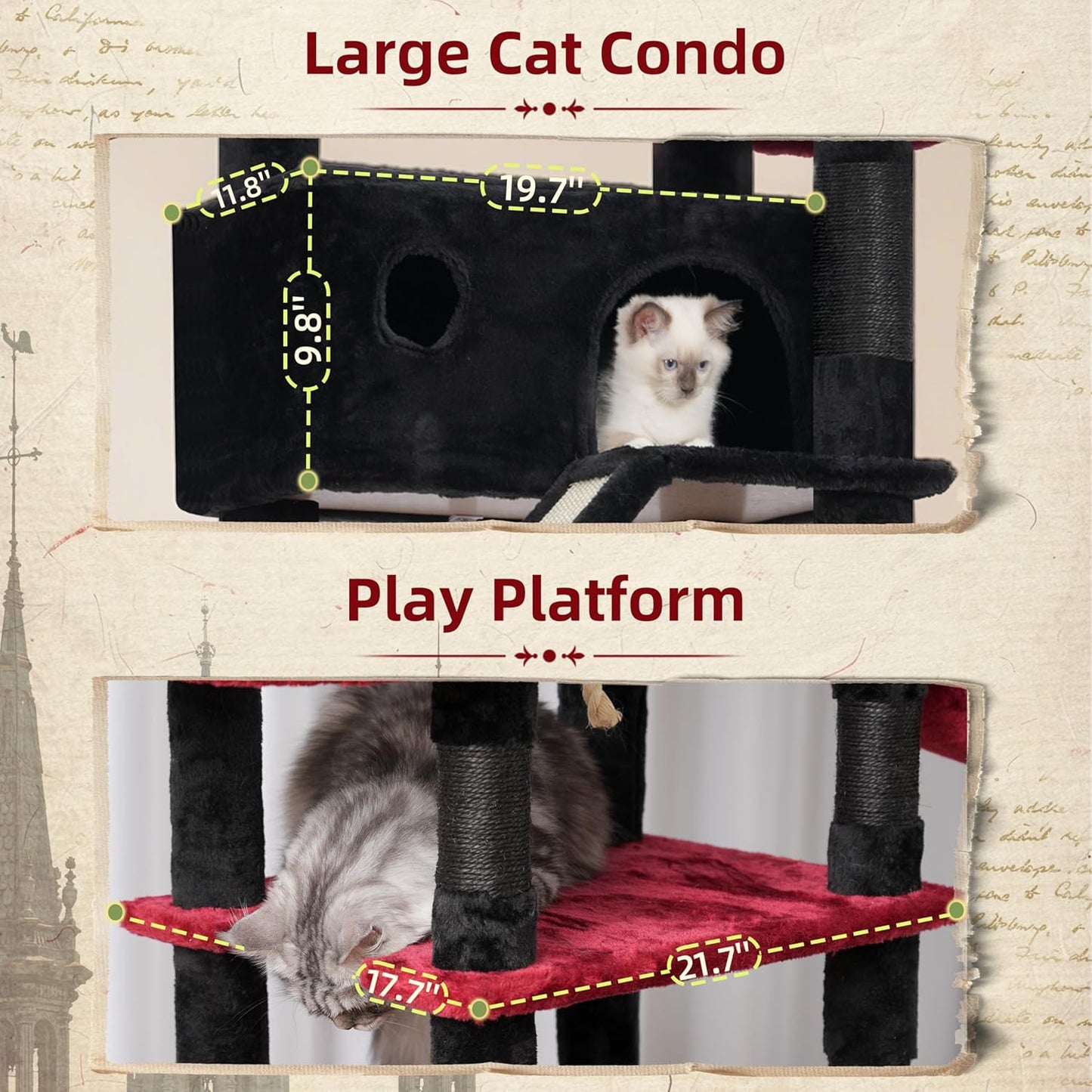 Gitelsnour Cat Tree, Cat Tower for Large Cats with 2 Big Platforms, 2 Baskets, condo and Toys, 63" Cat Scratching Posts for Indoor Cats, Green GCT020GR