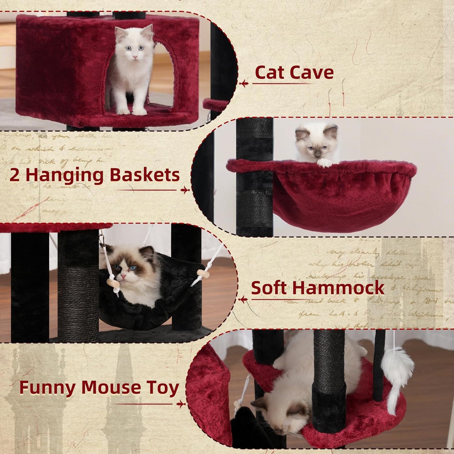 Gitelsnour Cat Tree, Cat Tower for Large Cats with 2 Big Platforms, 2 Baskets, condo and Toys, 63" Cat Scratching Posts for Indoor Cats, Green GCT020GR
