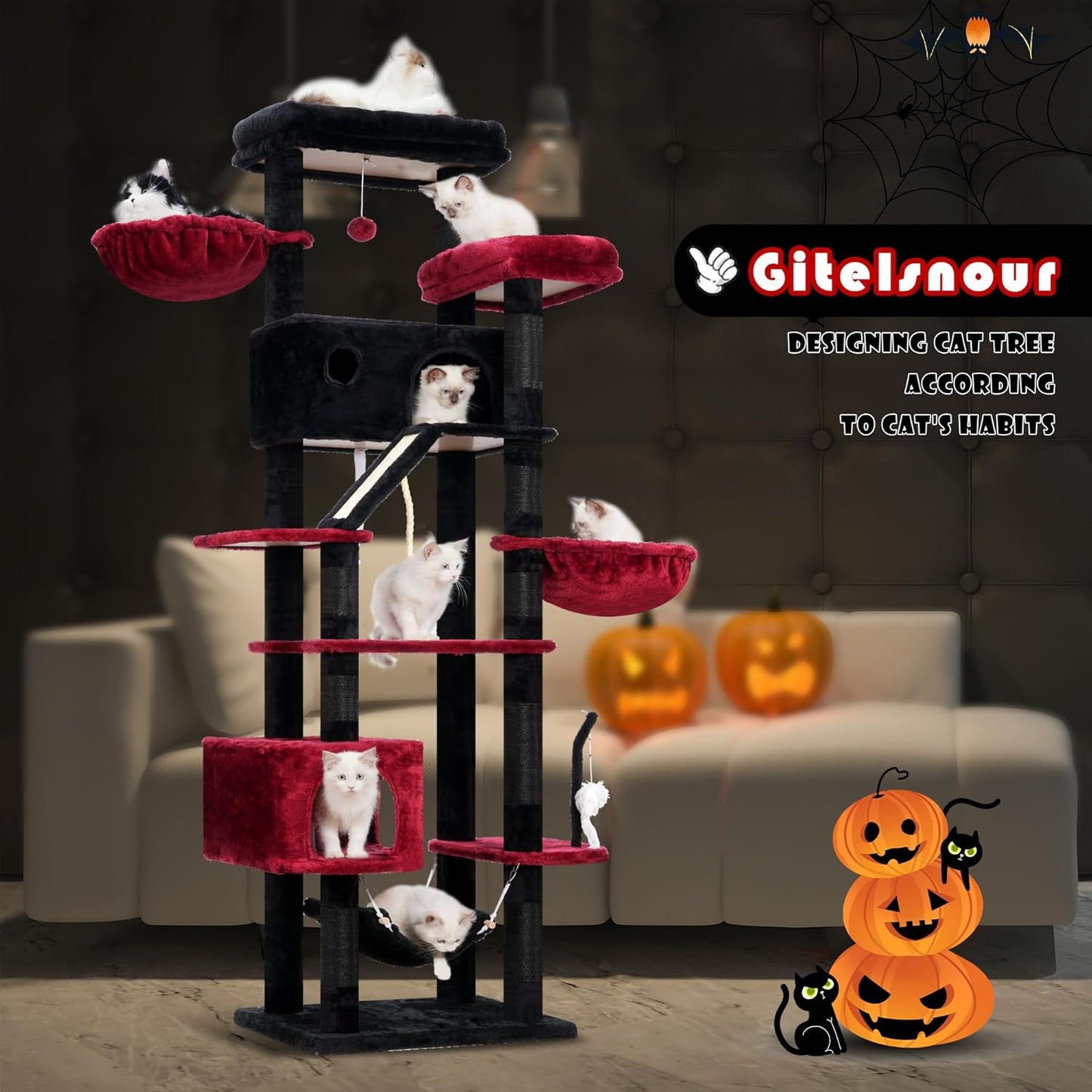 Gitelsnour Cat Tree, Cat Tower for Large Cats with 2 Big Platforms, 2 Baskets, condo and Toys, 63" Cat Scratching Posts for Indoor Cats, Green GCT020GR