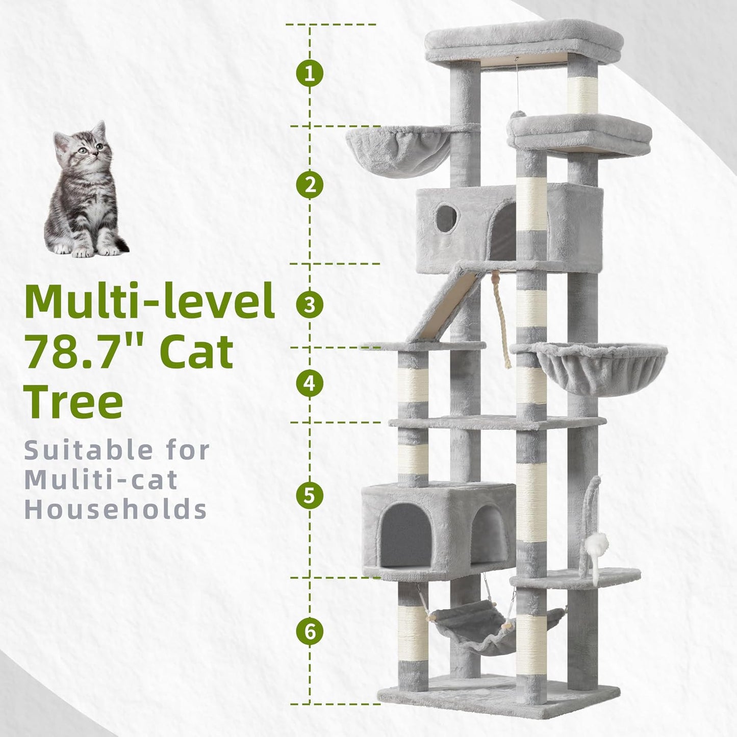 Gitelsnour Cat Tree, Cat Tower for Large Cats with 2 Big Platforms, 2 Baskets, condo and Toys, 63" Cat Scratching Posts for Indoor Cats, Green GCT020GR