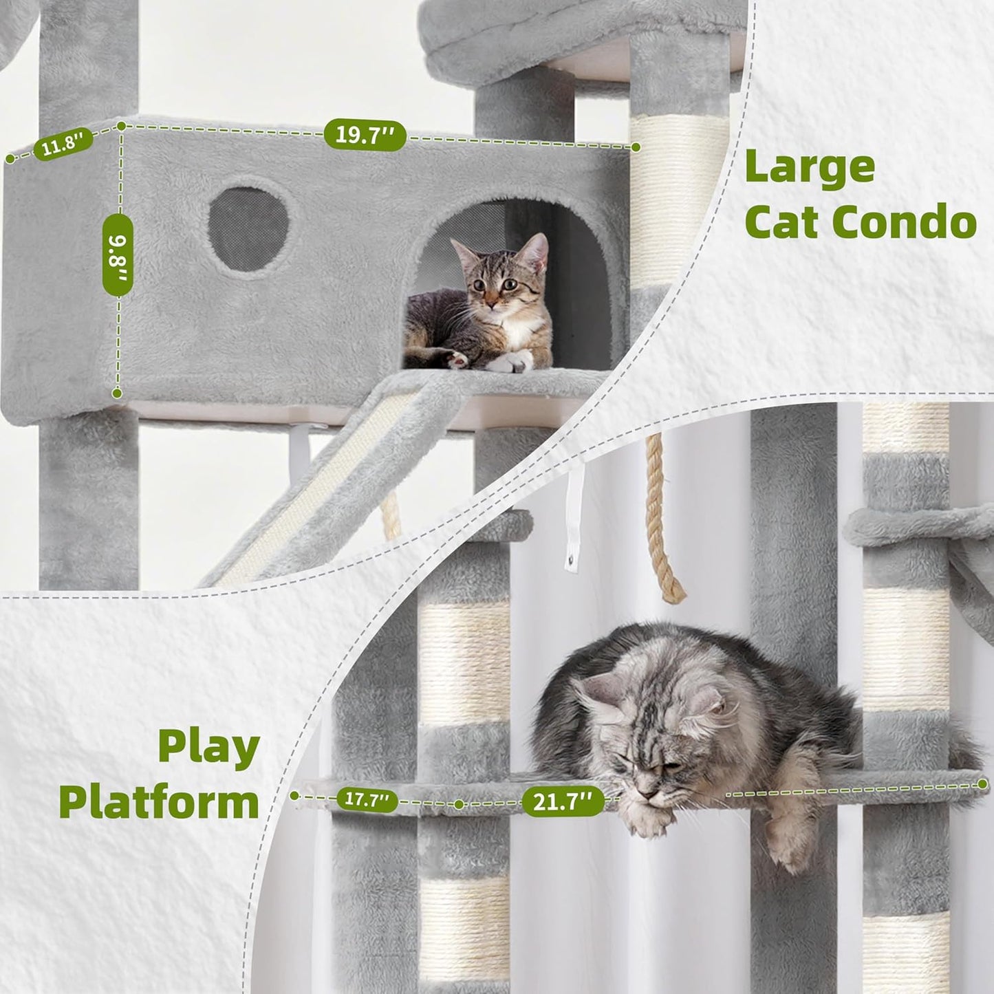 Gitelsnour Cat Tree, Cat Tower for Large Cats with 2 Big Platforms, 2 Baskets, condo and Toys, 63" Cat Scratching Posts for Indoor Cats, Green GCT020GR
