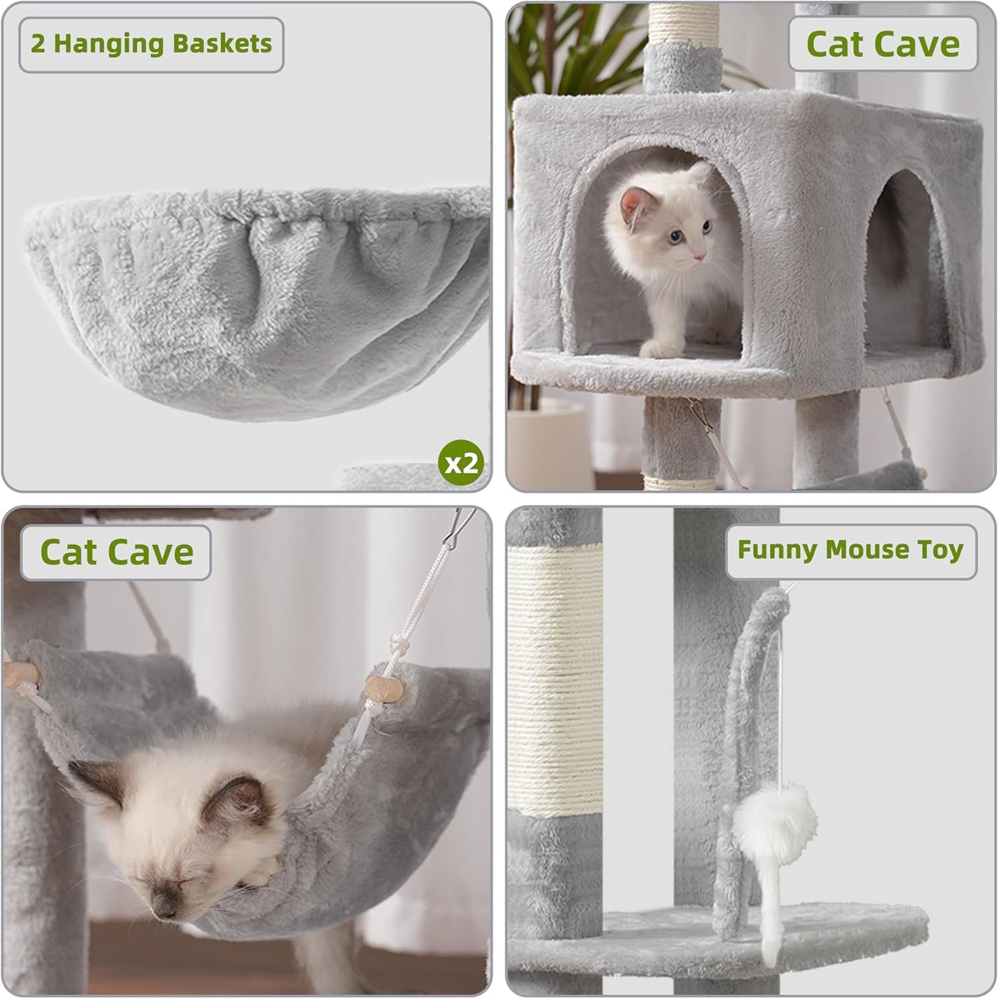 Gitelsnour Cat Tree, Cat Tower for Large Cats with 2 Big Platforms, 2 Baskets, condo and Toys, 63" Cat Scratching Posts for Indoor Cats, Green GCT020GR