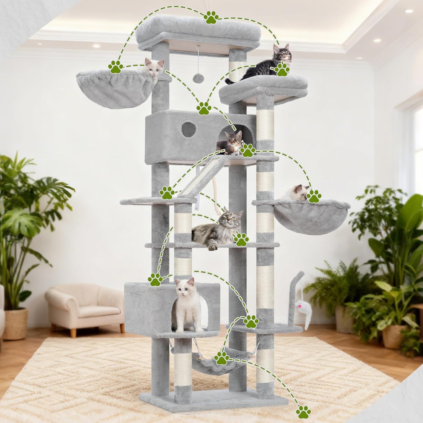 Gitelsnour Cat Tree, Cat Tower for Large Cats with 2 Big Platforms, 2 Baskets, condo and Toys, 63" Cat Scratching Posts for Indoor Cats, Green GCT020GR