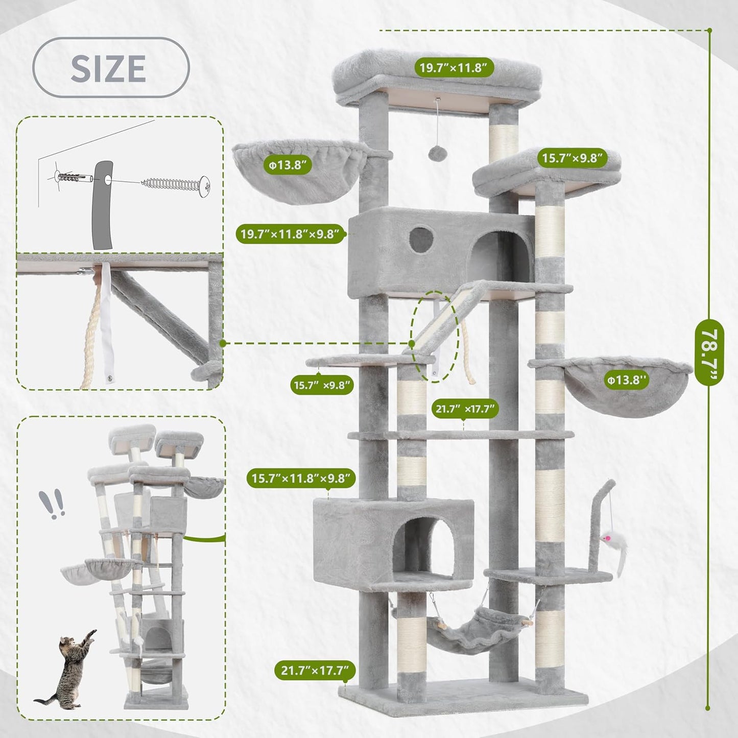 Gitelsnour Cat Tree, Cat Tower for Large Cats with 2 Big Platforms, 2 Baskets, condo and Toys, 63" Cat Scratching Posts for Indoor Cats, Green GCT020GR
