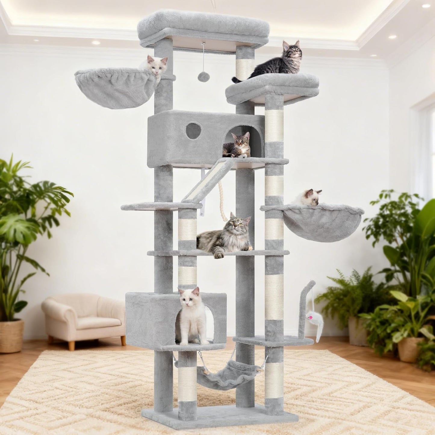 Gitelsnour Cat Tree, Cat Tower for Large Cats with 2 Big Platforms, 2 Baskets, condo and Toys, 63" Cat Scratching Posts for Indoor Cats, Green GCT020GR