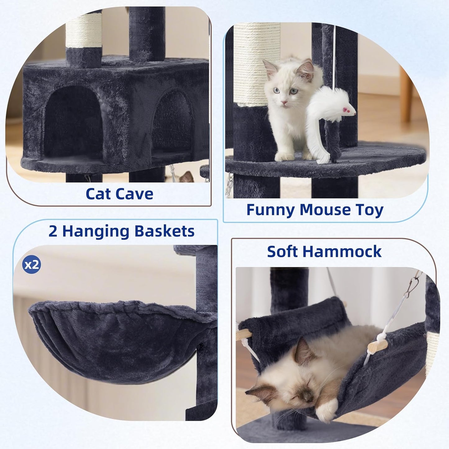 Gitelsnour Cat Tree, Cat Tower for Large Cats with 2 Big Platforms, 2 Baskets, condo and Toys, 63" Cat Scratching Posts for Indoor Cats, Green GCT020GR