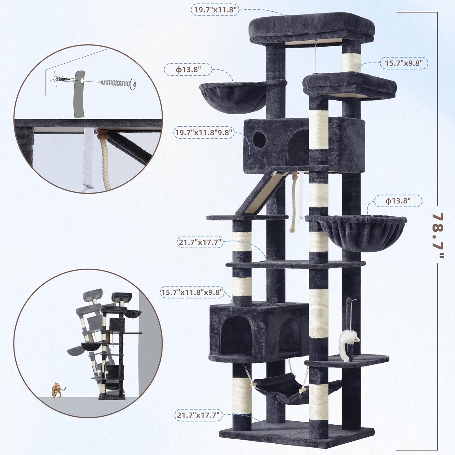 Gitelsnour Cat Tree, Cat Tower for Large Cats with 2 Big Platforms, 2 Baskets, condo and Toys, 63" Cat Scratching Posts for Indoor Cats, Green GCT020GR