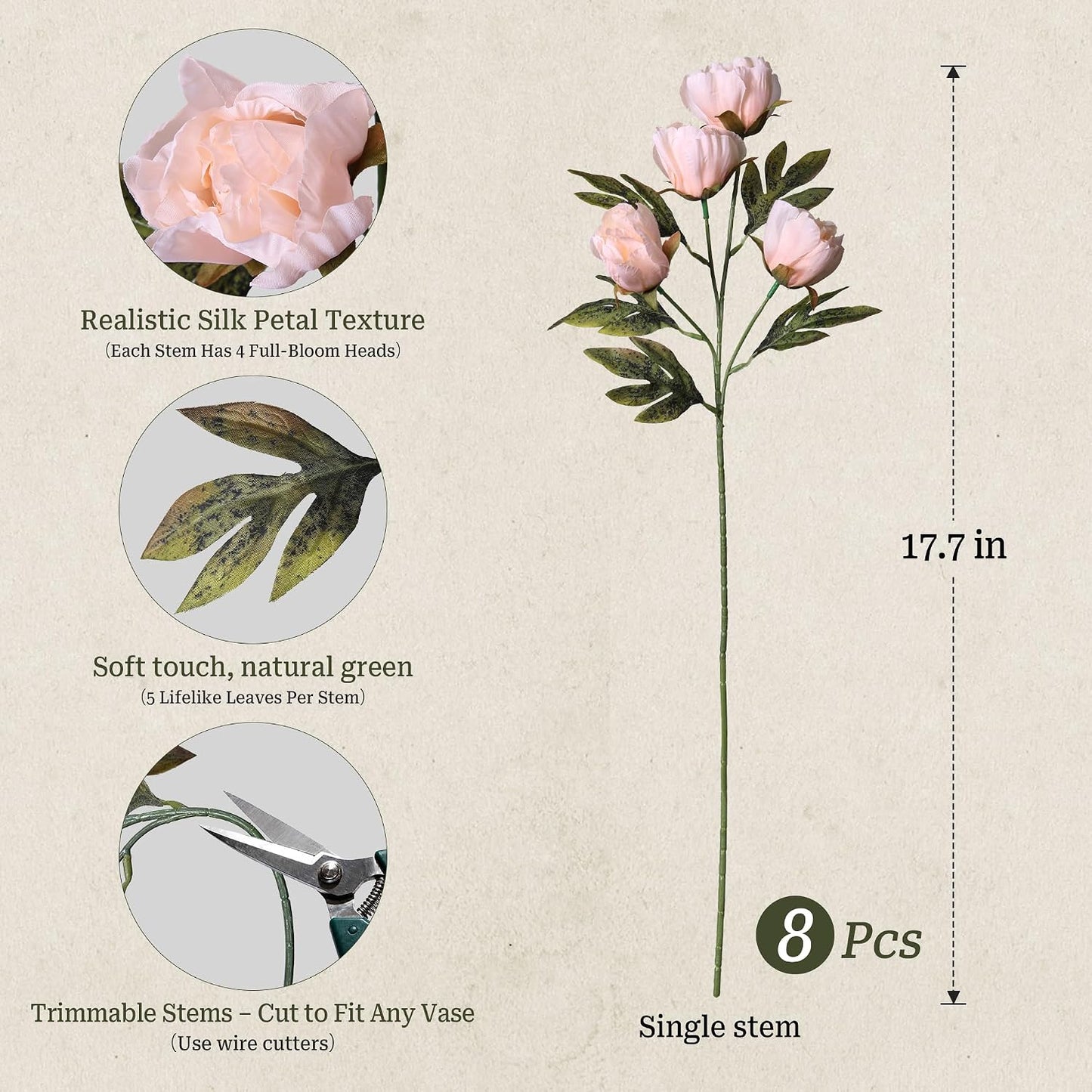 8 Pcs Artificial Peony Flowers, Faux Silk Peonies Stems with Distressed Leaves, Fade Resistant Floral Branches for Vase, DIY Bouquet, Home Decor Indoor Outdoor Wedding Table Centerpiece (Light Pink)