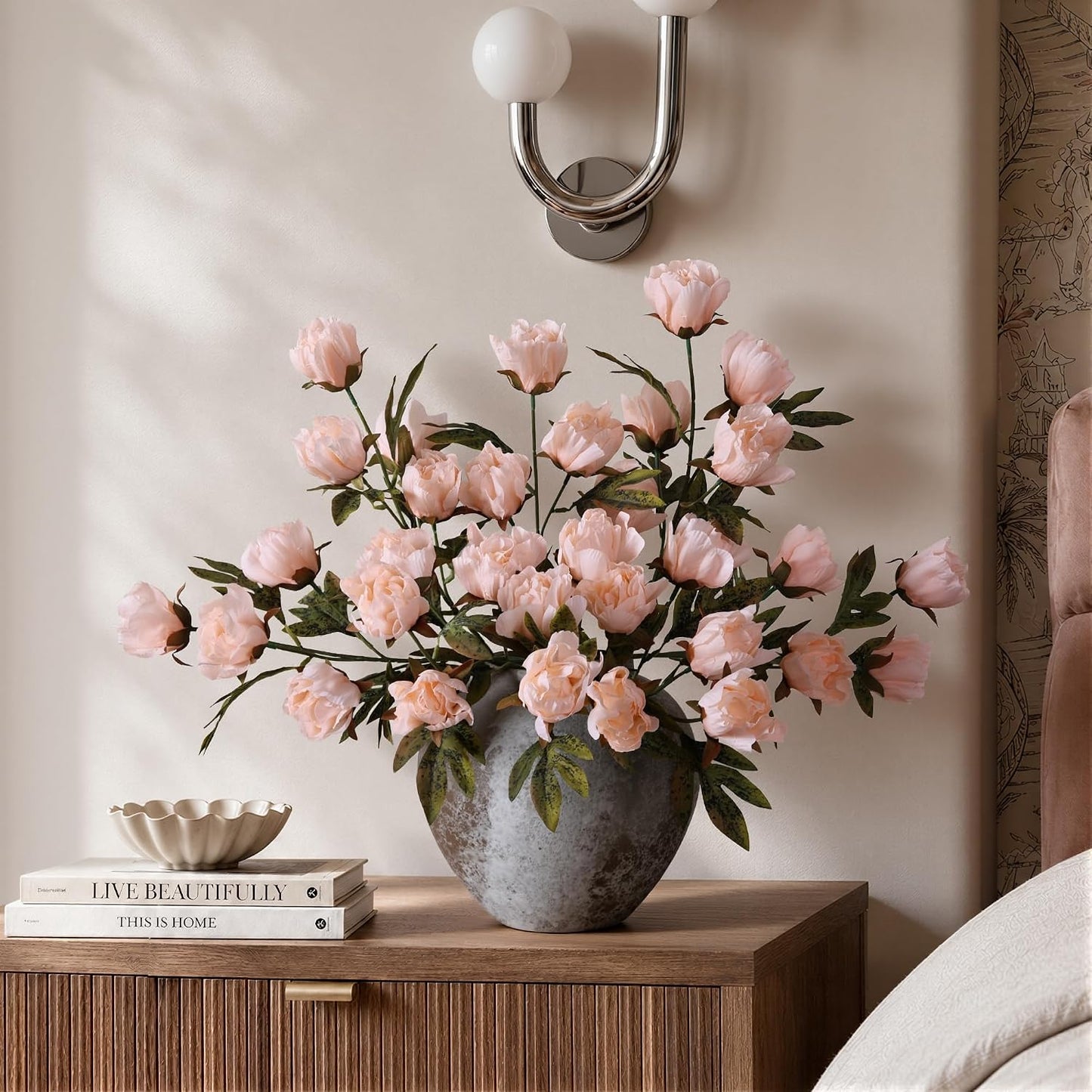 8 Pcs Artificial Peony Flowers, Faux Silk Peonies Stems with Distressed Leaves, Fade Resistant Floral Branches for Vase, DIY Bouquet, Home Decor Indoor Outdoor Wedding Table Centerpiece (Light Pink)