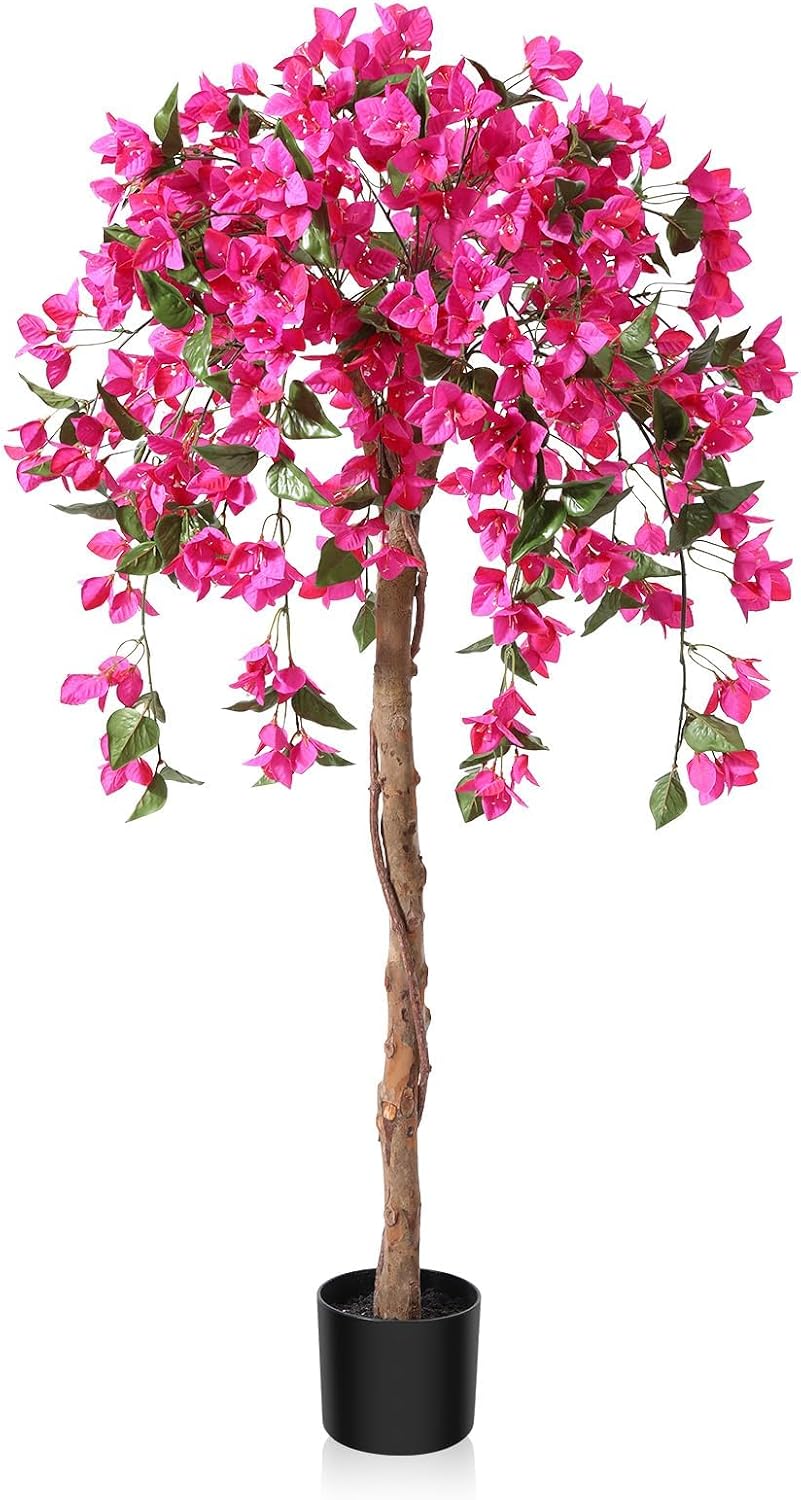 4FT Artificial Bougainvillea Trees with Wood Trunk and Pink Flowers