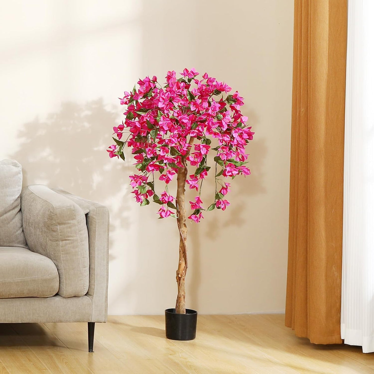 4FT Artificial Bougainvillea Trees with Wood Trunk and Pink Flowers