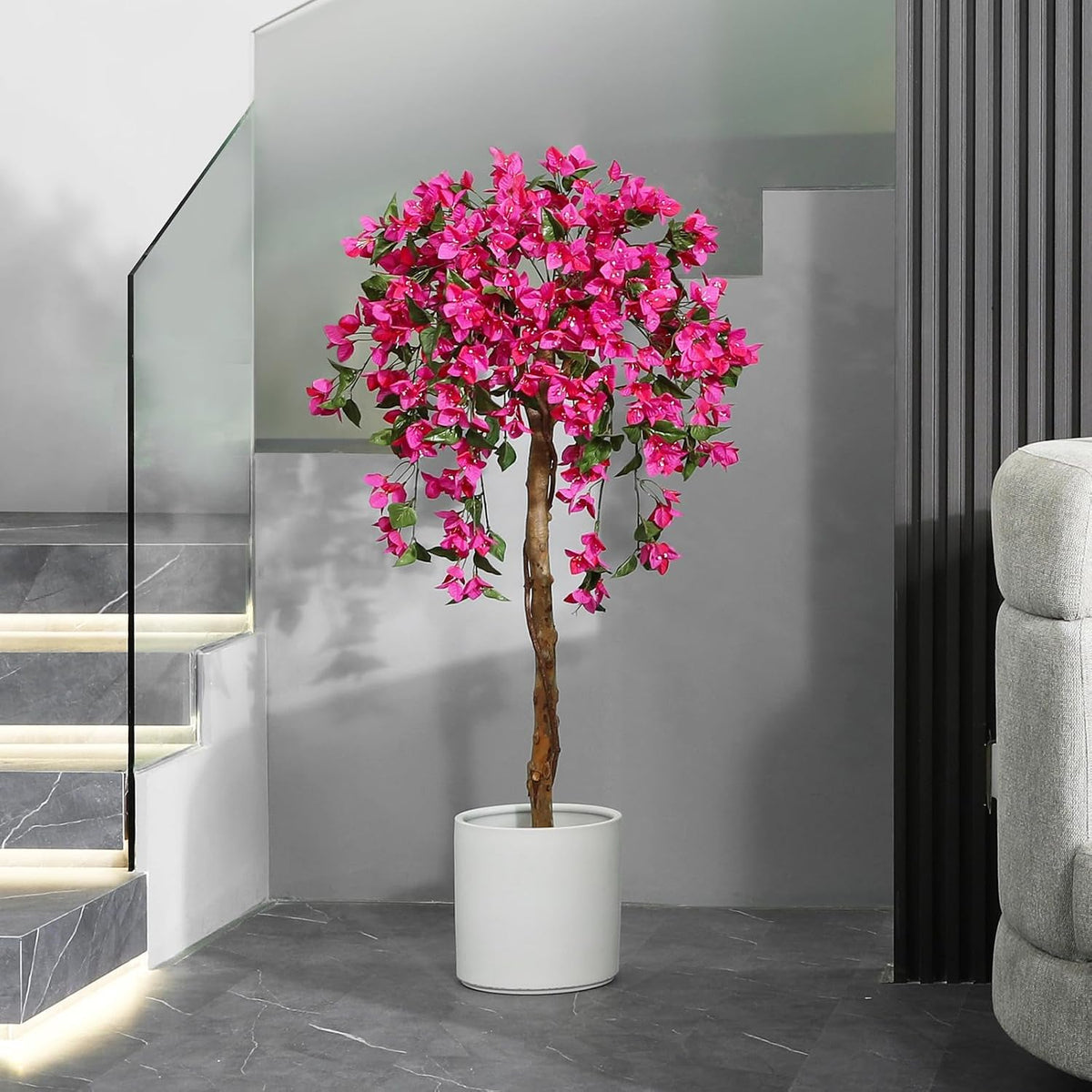 4FT Artificial Bougainvillea Trees with Wood Trunk and Pink Flowers
