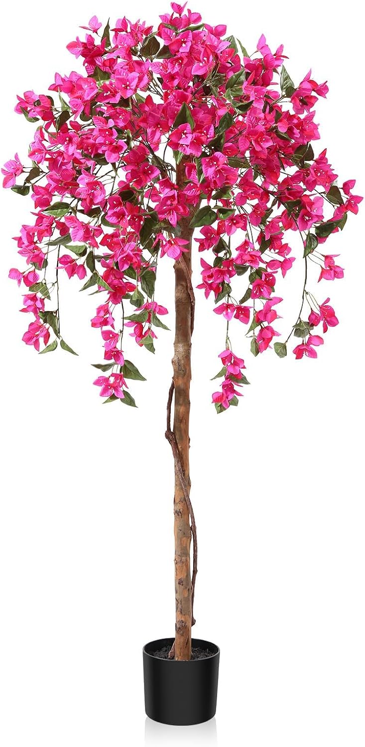 4FT Artificial Bougainvillea Trees with Wood Trunk and Pink Flowers
