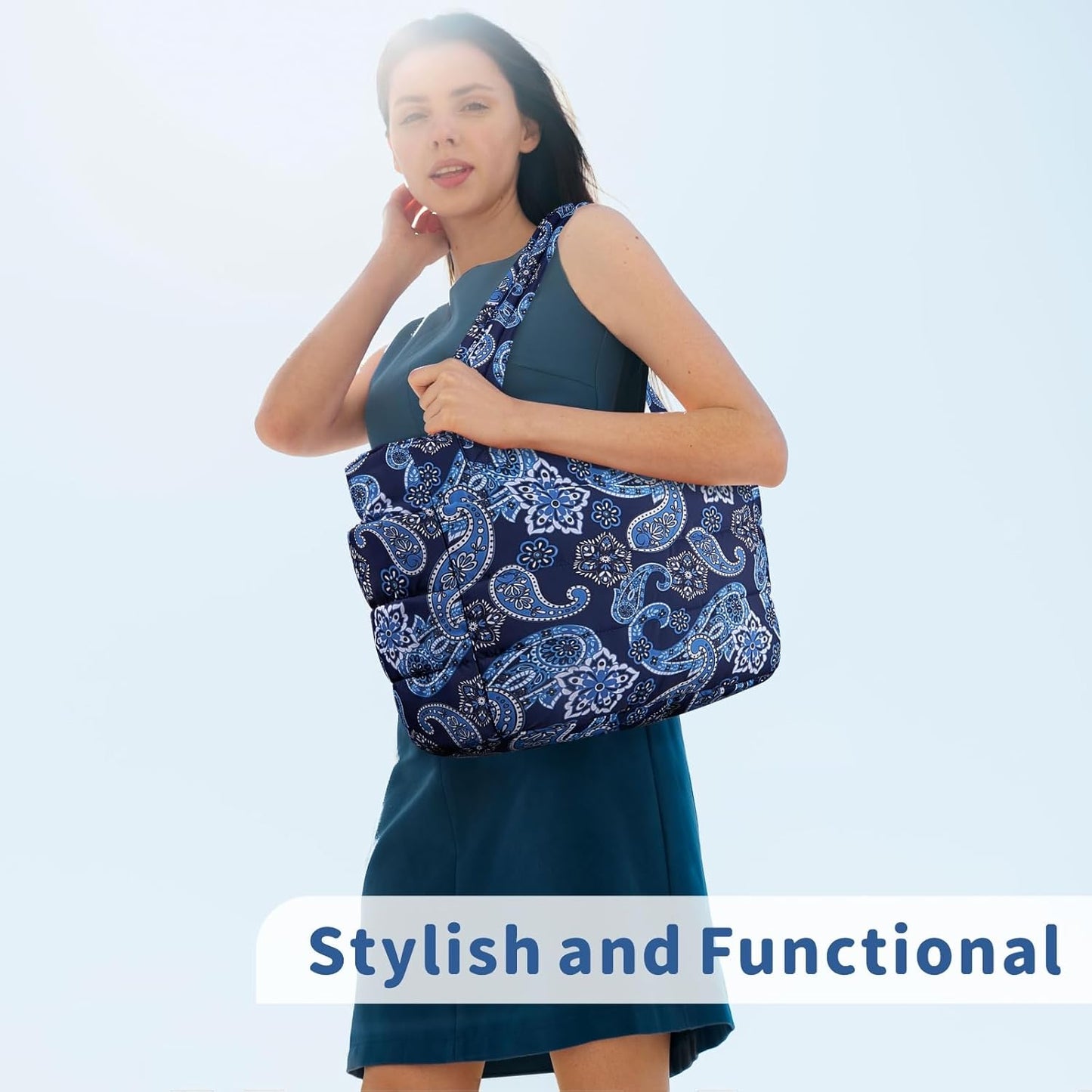 Puffer Tote Bag for Women, Lightweight Puffy Handbag with Compartments, Quilted Shoulder Bag for Work, Travel, Gym - Colors A