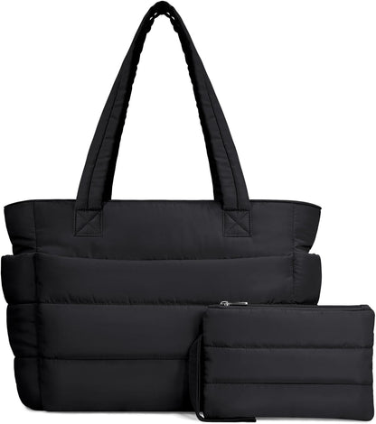 Puffer Tote Bag for Women, Lightweight Puffy Handbag with Compartments, Quilted Shoulder Bag for Work, Travel, Gym - Colors A
