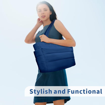 Puffer Tote Bag for Women, Lightweight Puffy Handbag with Compartments, Quilted Shoulder Bag for Work, Travel, Gym - Colors A
