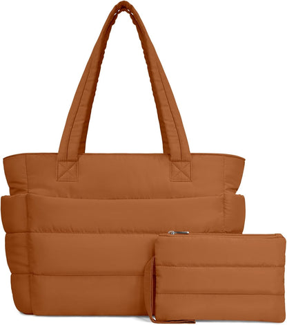 Puffer Tote Bag for Women, Lightweight Puffy Handbag with Compartments, Quilted Shoulder Bag for Work, Travel, Gym - Colors A
