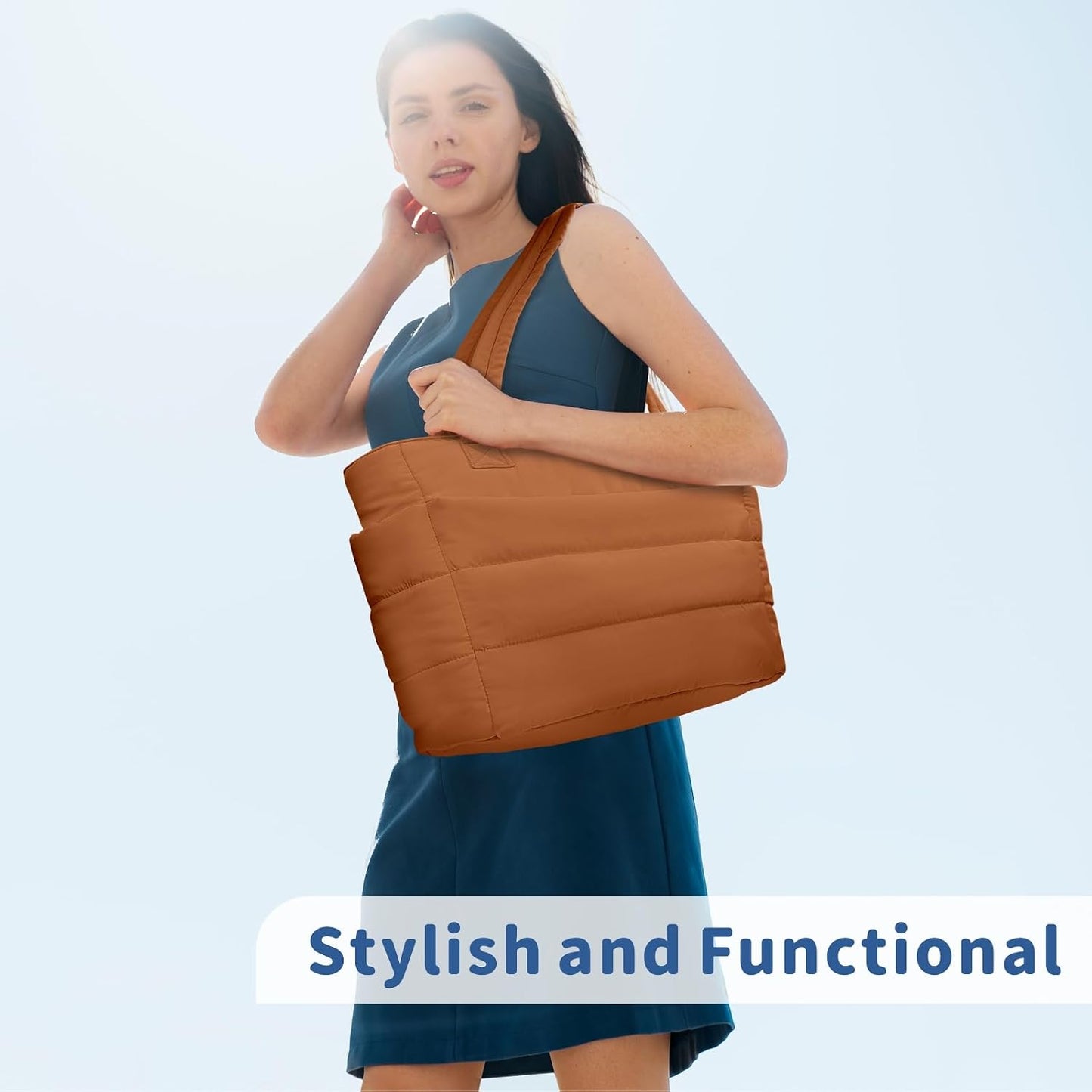 Puffer Tote Bag for Women, Lightweight Puffy Handbag with Compartments, Quilted Shoulder Bag for Work, Travel, Gym - Colors A