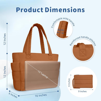 Puffer Tote Bag for Women, Lightweight Puffy Handbag with Compartments, Quilted Shoulder Bag for Work, Travel, Gym - Colors A