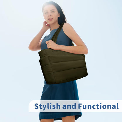 Puffer Tote Bag for Women, Lightweight Puffy Handbag with Compartments, Quilted Shoulder Bag for Work, Travel, Gym - Colors A