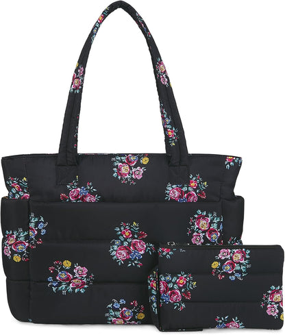 Puffer Tote Bag for Women, Lightweight Puffy Handbag with Compartments, Quilted Shoulder Bag for Work, Travel, Gym - Colors A